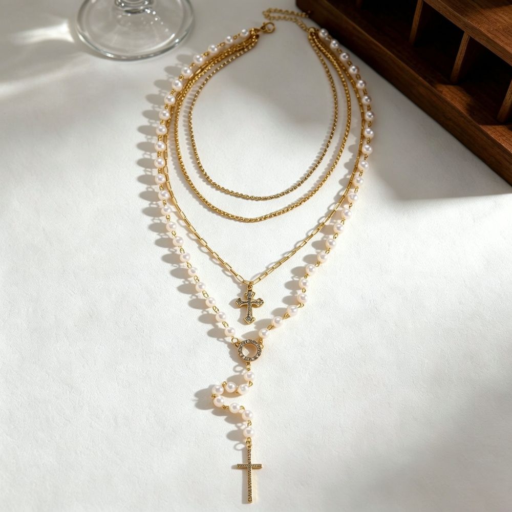 Elegant Layered Cross Pendant  - Layered Pendant Necklace Aesthetic recension och pris